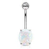 Classic Opal Belly Ring in 14K White Gold - Fixed (non-dangle) Belly Bar. Navel Rings Australia.