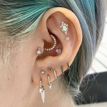 Opal Four Ball Trinity Earring by Maria Tash in 14K White Gold. Flat Stud. - Earring. Navel Rings Australia.