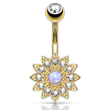 Petaled Opal Navel Ring with Gold Plating - Fixed (non-dangle) Belly Bar. Navel Rings Australia.