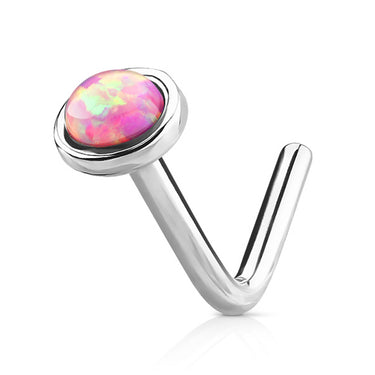 Opal Dome L-Shaped Nose Ring in 14K White Gold - Nostril. Navel Rings Australia.