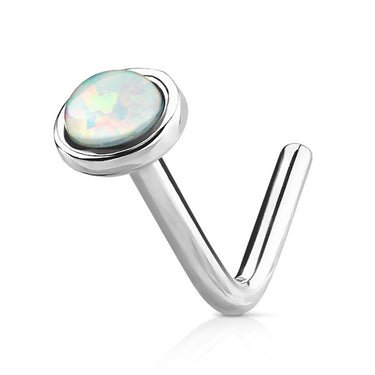 Opal Dome L-Shaped Nose Ring in 14K White Gold - Nostril. Navel Rings Australia.