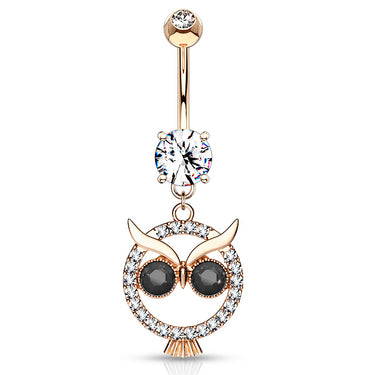 Mångata Hooting Owl Belly Bar with Rose Gold Plating - Dangling Belly Ring. Navel Rings Australia.