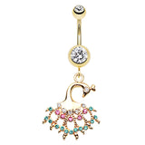 Gold Rainbow Peacock Belly Ring - Dangling Belly Ring. Navel Rings Australia.