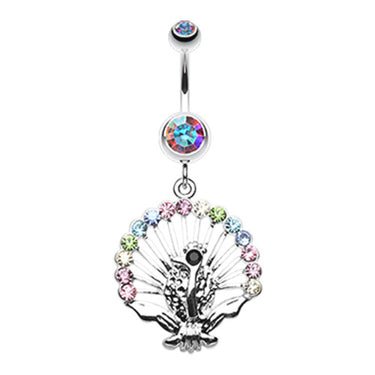 Rainbow Peacock Dance Navel Ring - Dangling Belly Ring. Navel Rings Australia.