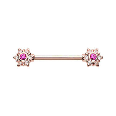 Trixie Pink Flower Burst Nipple Barbell in Rose Gold - Nipple Ring. Navel Rings Australia.