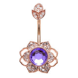Rose Gold Crowned Amethyst Mist Belly Ring - Fixed (non-dangle) Belly Bar. Navel Rings Australia.
