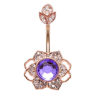 Rose Gold Crowned Amethyst Mist Belly Ring - Fixed (non-dangle) Belly Bar. Navel Rings Australia.