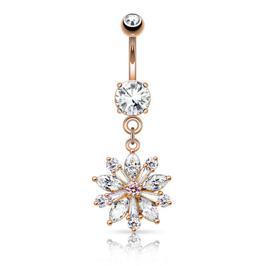 Isabella Bloom Belly Bar with Rose Gold Plating - Dangling Belly Ring. Navel Rings Australia.