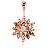 Rose Gold Opal Chrysanthemum Belly Bar - Fixed (non-dangle) Belly Bar. Navel Rings Australia.