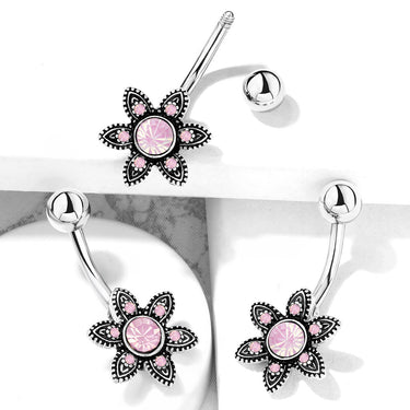 Mimi Pink Tribal Bloom Belly Bar - Fixed (non-dangle) Belly Bar. Navel Rings Australia.