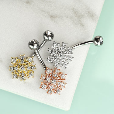 Gem Stacked Snowflake Belly Bar with Rose Gold Plating - Fixed (non-dangle) Belly Bar. Navel Rings Australia.