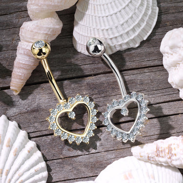 Taji Paved Heart Belly Ring in 14K Gold - Fixed (non-dangle) Belly Bar. Navel Rings Australia.