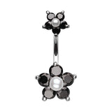 Split Crystallised Pearl Flower Belly Ring - Split Spinal Belly Bar. Navel Rings Australia.
