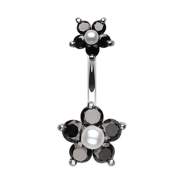 Split Crystallised Pearl Flower Belly Ring - Split Spinal Belly Bar. Navel Rings Australia.