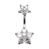 Split Crystallised Pearl Flower Belly Ring - Split Spinal Belly Bar. Navel Rings Australia.