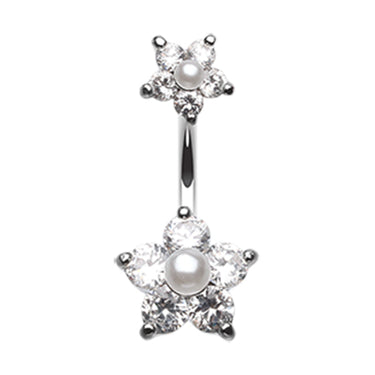 Split Crystallised Pearl Flower Belly Ring - Split Spinal Belly Bar. Navel Rings Australia.