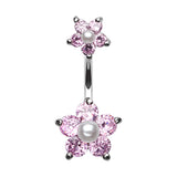 Split Crystallised Pearl Flower Belly Ring - Split Spinal Belly Bar. Navel Rings Australia.