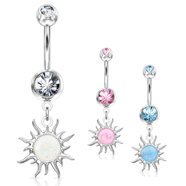 Flaming Opal Sunburst Belly Dangle - Dangling Belly Ring. Navel Rings Australia.