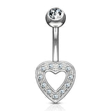 Paved Heart Navel Piercing Bar in 14K White Gold - Fixed (non-dangle) Belly Bar. Navel Rings Australia.