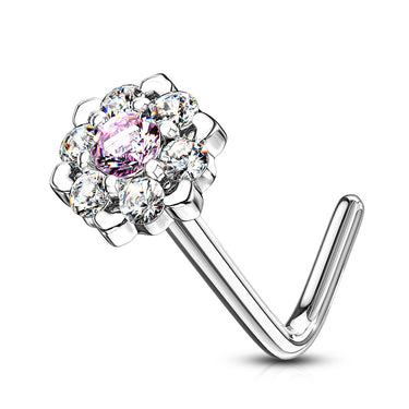 Amore Daisy L-Shape Nose Ring in 14K White Gold - Nostril. Navel Rings Australia.