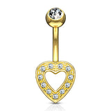 Paved Heart Navel Bar in 14K Yellow Gold - Fixed (non-dangle) Belly Bar. Navel Rings Australia.