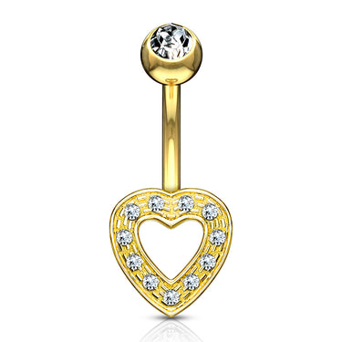 Paved Heart Navel Bar in 14K Yellow Gold - Fixed (non-dangle) Belly Bar. Navel Rings Australia.