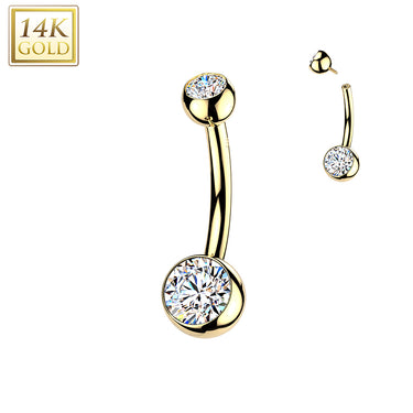 14K Yellow Gold Internally Threaded Cubic Zirconia Bezel Set Solid Balls Belly Ring