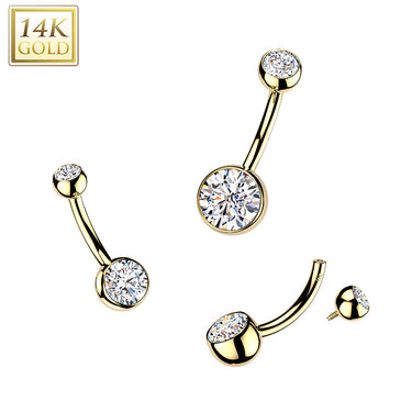 14K Yellow Gold Internally Threaded Cubic Zirconia Bezel Set Solid Balls Belly Ring