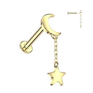 Internally Threaded 14K Yellow Gold Crescent Moon Top and Star Dangle Labret