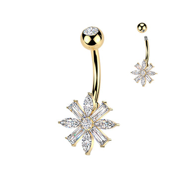 Gold Plated Belly Ring With Marquise & Baguette CZ Flower and Press Fit Top