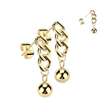 Yellow Gold Plated 316L Surgical Steel Chain Link & Ball Dangle Studs (PAIR)