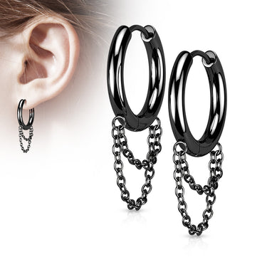 Black Plated 316L Surgical Steel Double Chain Hinged Hoop Earrings (PAIR)