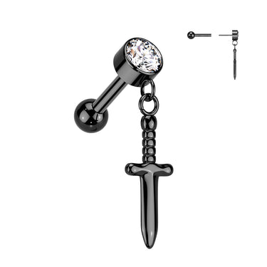 Black Plated Titanium Threadless Dagger Dangle Cartilage Barbell