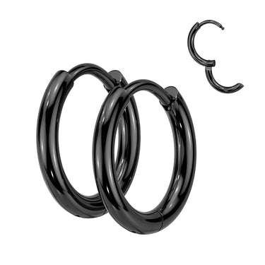 Black Plated 2mm Surgical Steel Hinged Round Hoop Earrings (PAIR)