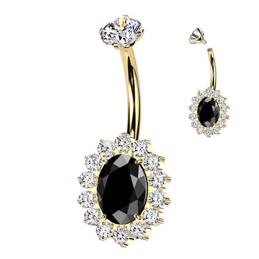 Gold Plated Titanium Internally Threaded Oval Belly Ring with CNC CZ Pavé Edge