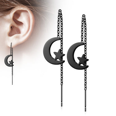 Black Plated Surgical Steel Free Falling Moon and Star Threader Earrings (PAIR)