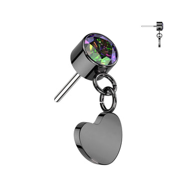 Black Plated Titanium Threadless Push In Round Bezel Set CZ With Heart Dangle