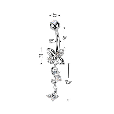 Gold Plated 316L Belly Ring With Butterfly & Filigree Butterfly Dangle