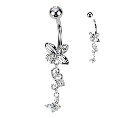 316L Belly Ring With Butterfly & Filigree Butterfly Dangle