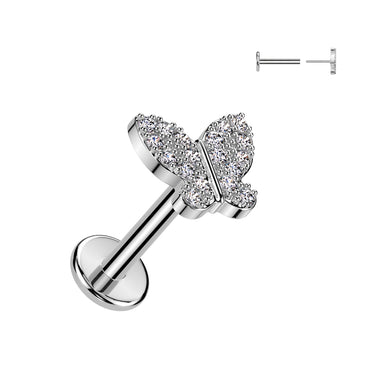 316L Surgical Steel Threadless Push‑In Flat Back Stud with Cubic Zirconia Butterfly Top