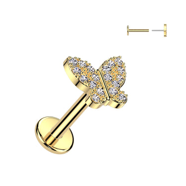 Gold Plated Steel Threadless Push‑In Flat Back Stud with Cubic Zirconia Butterfly Top