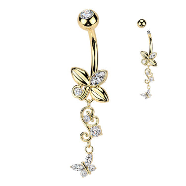 Gold Plated 316L Belly Ring With Butterfly & Filigree Butterfly Dangle