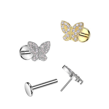Gold Plated Steel Threadless Push‑In Flat Back Stud with Cubic Zirconia Butterfly Top
