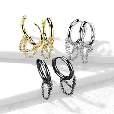Black Plated 316L Surgical Steel Double Chain Hinged Hoop Earrings (PAIR)