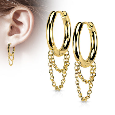 Yellow Gold Plated 316L Surgical Steel Double Chain Hinged Hoop Earrings (PAIR)