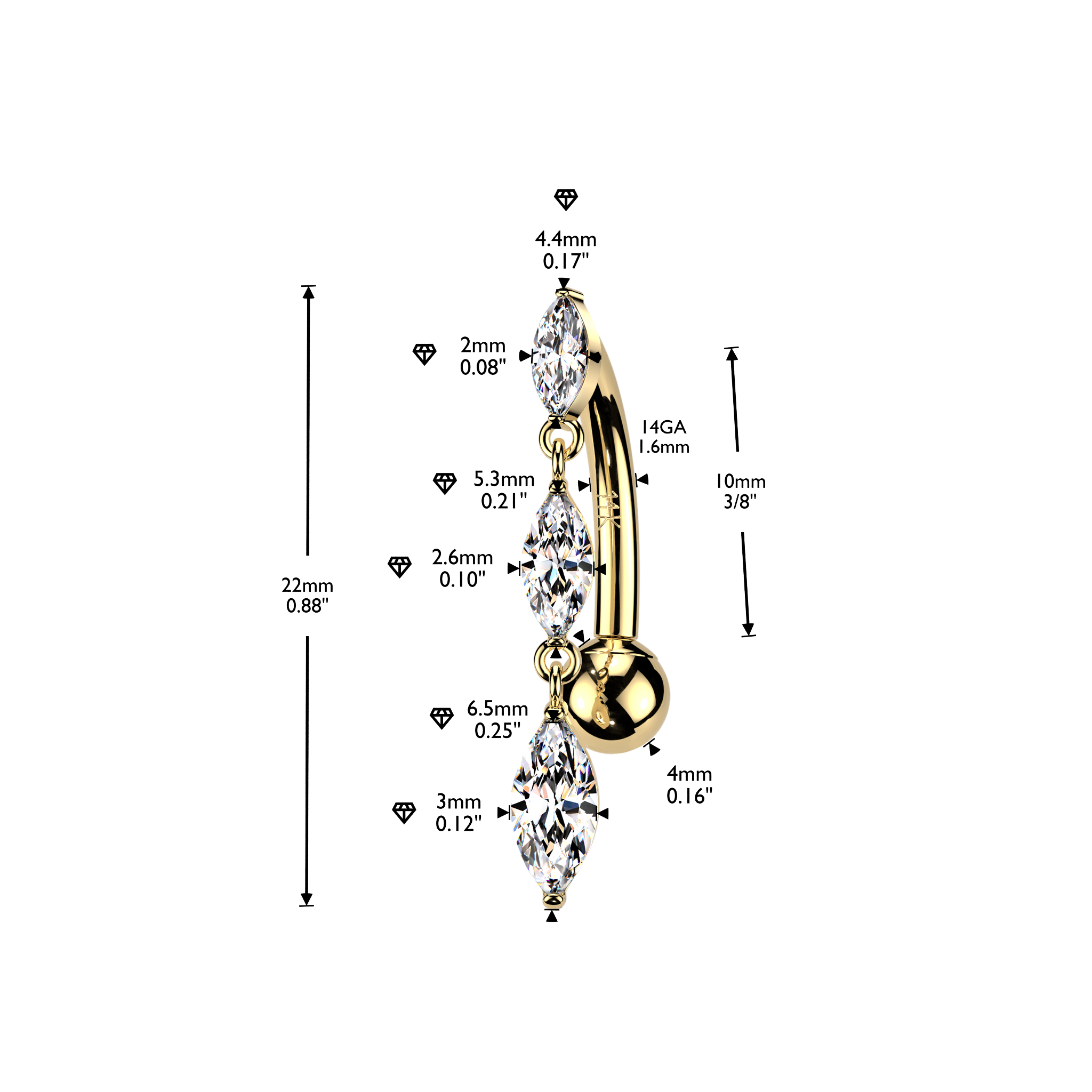 14K Gold Internally Threaded Reverse Belly Ring With Triple Marquise Cubic Zirconia Dangle
