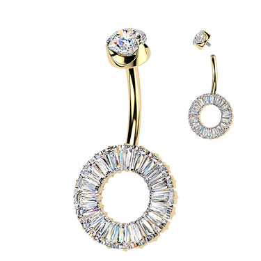 Gold Plated Titanium Internally Threaded Baguette CZ Circle Belly Ring