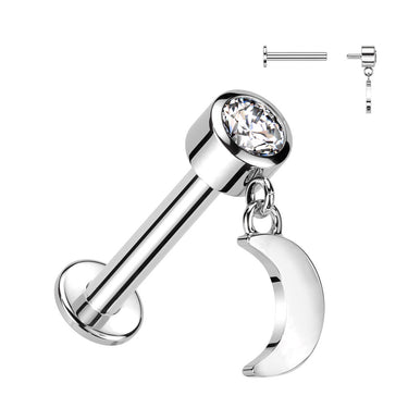 Internally Threaded 14K White Gold Bezel Set CZ Top and Crescent Moon Dangle Labret