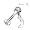 Internally Threaded 14K White Gold Bezel Set CZ Top and Crescent Moon Dangle Labret