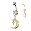 Gold Double Jewelled Belly Ring With Cubic Zirconia Accented Crescent Moon & Star Dangle